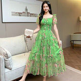 Gentle Wind And Rags Retro Tea Chiffon Dress Female Waist Temperament Shoulder Bubble Sleeve Mesh