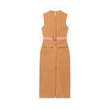 New With Belt Cuffless Sleeveless Fande Dress