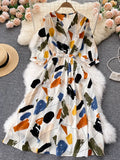Women Flower Printed Midi Dress Spring Autumn Elegant V-Neck Slim Vestidos Casual High Waist A-Line Bohemian Robe