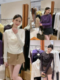 Xixi 2025 Autumn White Standard Elegant Temperament Chiffon Neck Thin Knitted Small Shirt