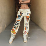 Women's Clothing 2025 Women's New Trousers Skeleton Element Trend Printing Plus Velvet High-Waisted Casual