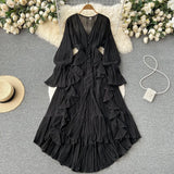 Zingj Sexy Solid Color V-Neck Pleated Flounce Flared Sleeve To The