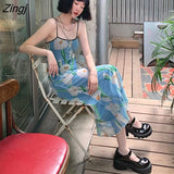 Women Summer New Fashion Elegant French Style Retro Mesh Spaghetti Strap Sweet Sundress Holiday Streetwear Colorful