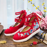 Zingj White Sole Embroidered Cloth Shoes High Heel Slope Canvas Embroidered Women's Singles Shoes Lace Retro National Style Cloth