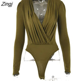V Neck Brown Bodysuit Women Autumn Long Sleeve Top Bodies Sexy 2023 Female Overalls Casual Bodycon