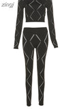 Fashion Hollow Tracksuit Two Piece Set Women Long Sleeve O-Neck Elastic Tops+Leggings Female Sporty Matching