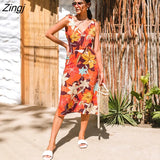 PETAL Orange Floral Tie Shoulder Midi Dress For Woman Sexy V-neck Backless Holiday Beach Dress 2023 Summer Female