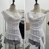 Shooting Lace Splicing Collar Hanging Neck-Sleet T-Shirt Woman Xia Repair Short Irregular Drifting Clothes