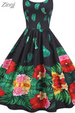 Summer Vintage Dress Women Spaghetti Strap Floral Print High Waist Elegant Sleeveless A-Line Party Midi Dress Robe