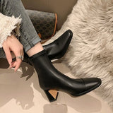 Women's Shoes Square Head Short Boots 2025 New Winter Korean Version Of High Heel And Thick Zipper Fashion Martin