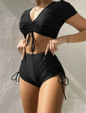 2022 New Split-Skinned Draw-Folding Rope Solid-Color Swimsuit