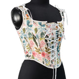 Ancient Printed Corset New French Retro Court Front Strap U Tie Leaf Printed Vest Female