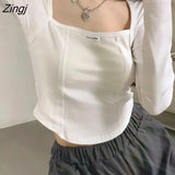 Sleeve T-shirts Women New Arrive Design Cropped Autumn Sexy Square Collar Solid Simple Inside All Match Ulzzang Daily