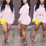 Fashion Sporting Women set Striped Print Button Shirt Top Skinny Shorts Suit Two Piece Set Elegant