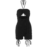 Zingj Summer New Hollow-Out Tie-Up Neck Hanging Rope Shorts Jumpsuit