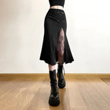 Zingj 2024 New Women's Design Sense Retro Lace Stitching Split Fishtail Skirt-Outfit
