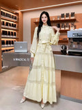 Gentle Style Dress Spring Dress Design Hollow Lace Splicing Bubble Sleeve Dress Holiday