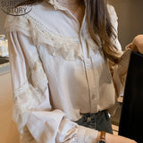 Elegant Women Tops and Blouses Vintage Women Spring Lantern Long Sleeve Loose Lace Blouse Shirts Fashion Blusas