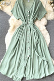 Vintage V-Neck Single Breasted Midi Dress For Women Elegant Short Sleeve High Waist A-Line Slim Green/Red/Purple