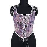 French Strapped Fish Bone Corset Short Vest Bustier Crop Monet Oil Painting Feng Shui Ink