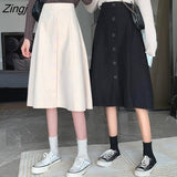 Skirts Women High Waist Elastic Button Friends Korean-style All-match Mid-calf College Slim Female Elegant Юбка