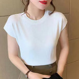Ice Silk Shirt Knitwear Women's 2023 Summer Office T-Shirt Versatile Solid Top for Clothing Elegant Outwear