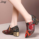 Fashion Personality Pointed Toe Sandals Women Summer 2023 New Mid Heel Square Heel Zipper Printed Casual Ladies High