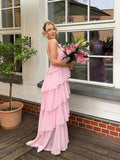 Pink Pleated Halter Maxi Dress-Outfit