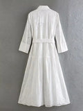 Shirt Dress Women Button Up Midi Dress Female Lapel Long Sleeve Elegant Dress Female Hollow Out White Dress With