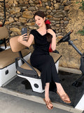 Xixi 2025 Spring New Korean Version High Waist Belt Design Sense Short-Sleeved Knitted Long Dress Women