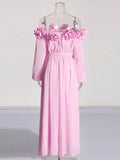 2025 Spring New Fashion Temperament Shoulder Three-Dimensional Flowers Splicing Design Lantern Sleeve Long Dress