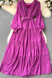 Women Draped Long Dress Vintage V-Neck Lantern Sleeve High Waist A-Line Pleated Maxi Vestidos Purple/Red/Blue Robe