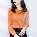 Women Shirt Silk Color Matching Blouses for Women Pleated Diagonal Button Clothes Women O-neck Long Sleeve Basic