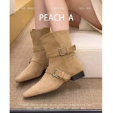 New Autumn Korean Version Of The Sharp-Headed Velvet Belt Buckle Boots Coarse And Middle Heels Brown Western Cowboy