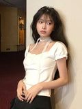 Pure Desire Girl Age Reduction Irregular Lace Splicing Short-Sleeved T-Shirt Design Bubble Sleeve Repair