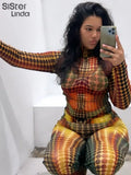 Dot Print Y2K Women Two Piece Set Long Sleeve O-Neck Skinny Elastic Tops+High Waist Wide Leg Pants Female