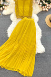 Lace Chiffon Two Piece Set Women Vintage Beach Party Sleeveless Short Tops Pleated Long Skirt Female 2pcs