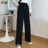 Loose Women's Wide Leg Pants Fashion Solid Casual High Waisted Drawstring Trousers Palazzo Pants Grey Long Pants