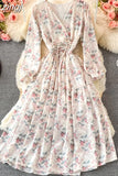 Autumn Women Floral Chiffon Midi Dress Vintage V-Neck Flare Long Sleeve High Waist A-Line Vestidos Female New
