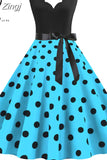 Dot Print Vintage Women Summer Dress Black Patchwork Sleeveless V neck Elegant Party Dresses Casual Robe