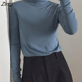 Sleeve T-shirts Women Solid Turtleneck 2020 Chic Slim All-match Daily Basic Aesthetics Leisure Womens Tee Tops Cozy Hot