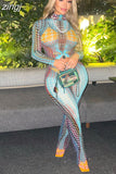 Dot Print Y2K Women Two Piece Set Long Sleeve O-Neck Skinny Elastic Tops+High Waist Wide Leg Pants Female