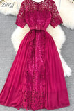Women Lace Patchwork Pleated Long Dress Elegant Round Neck Short Sleeve High Waist Draped Party Maxi Vestidos Female