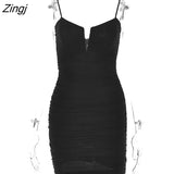 Spaghetti Strap Ruched Dress Women 2022 Spring Sexy Slim Elegant Clubwear Solid Sleeveless Backless Sheath Dress