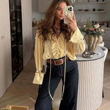 For Women's Clothing INS Bursts Of Retro Cuff Neckline Lotus Loaf Side Draw Rope Long-Sleeved Shirt