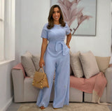 Summer Women's New Wide-Legged Jumpsuit Short-Sleeved Tie Belt Belt With Jumpsuit