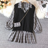 Style Sets Women Retro Plaid Mini Pleated Dress Knitted Vest Spring Autumn Elegant Korean Outfits Sweet Vintage