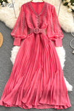 Women Lace Patchwork Pleated Chiffon Long Dress Autumn Winter Red/Black/Blue Draped Party Vestidos With Sashes Female Robe
