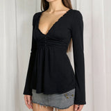 Pure Lust Lace Wood Ear Splicing Long-Sleeved T-Shirt Hottie Sexy Low-Breast V-Neck A Fold Design