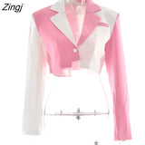 Patchwork Double Layer Button Women Blazer Green Long Sleeve Short Jacket Female Autumn Notched Collar Outwear Tops
